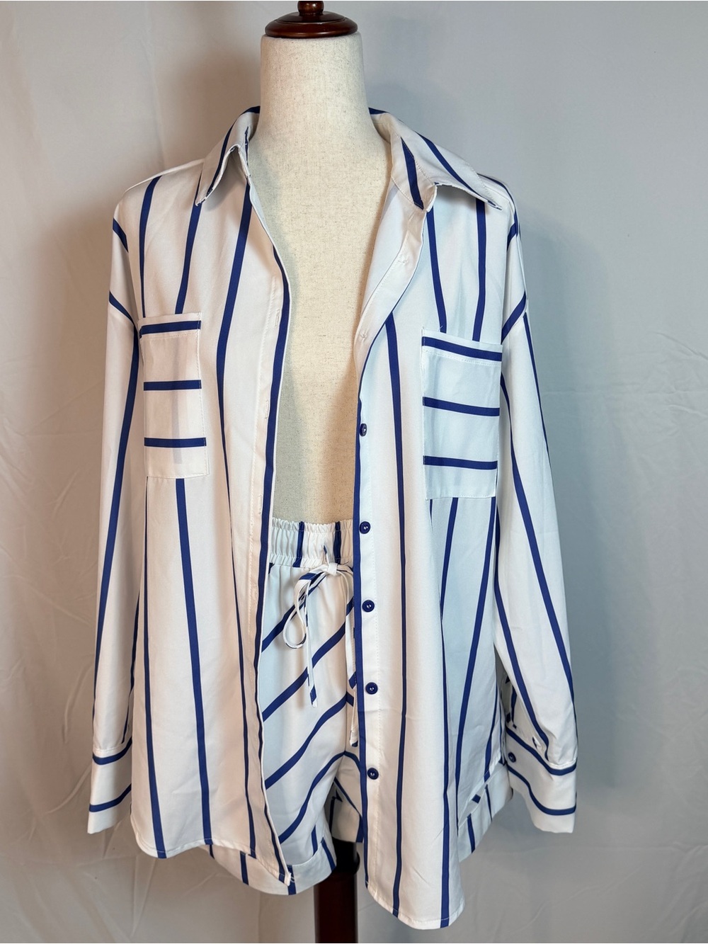 Women’s Striped White and Blue Relaxed Button-Down Shirt‎ and Shorts Set, resort